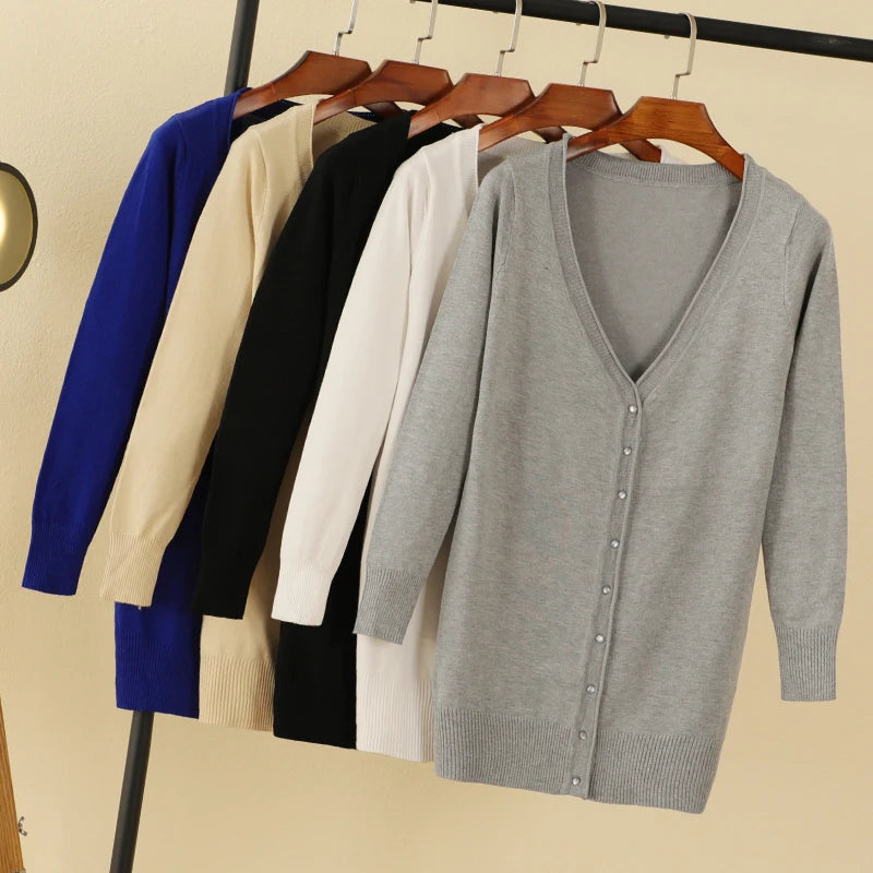 Outerwear V-neck Jersey Korean Fashion Style Cropped Blouses Long Woman Cardigan Knitted Ladies Sweaters Black Clothing Tricot