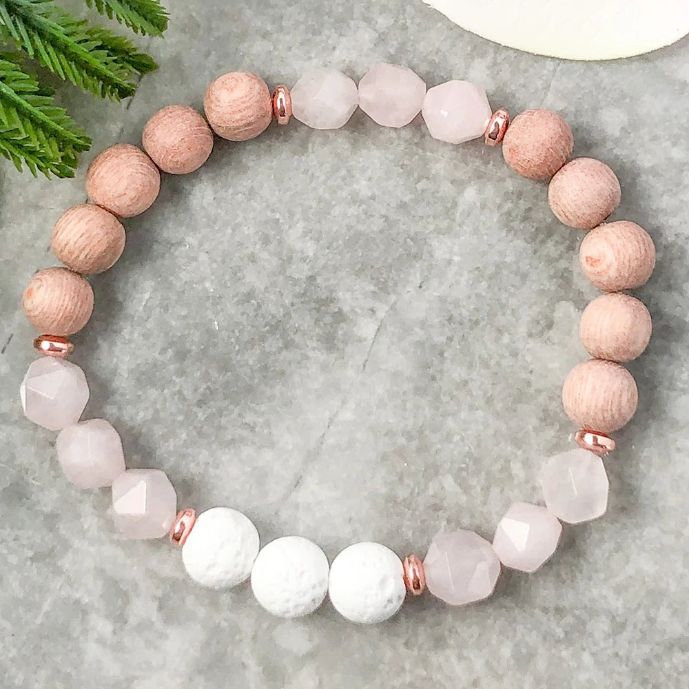Ruberthen Cutted Rose Quartz Lava Stone Bracelet Natural Rosewood Beaded Bracelet Essential Oil Diffuser Energy Bracelet