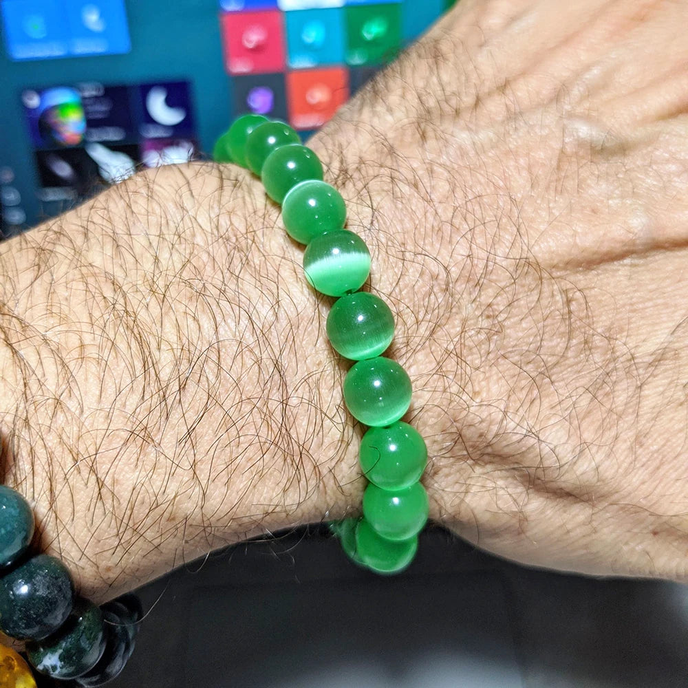 Ruberthen New Design Mens Bracelet Light Green Apple Cat Eye Bead Bracelet for Men High Quality Natural Stone Handmade Bracelet
