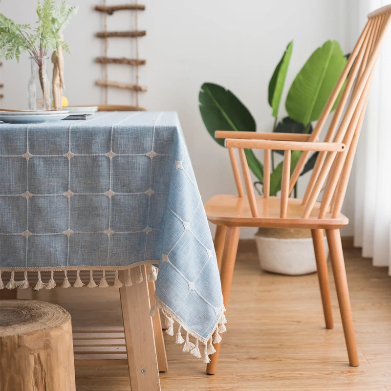 Japan Cotton Linen Tablecloth Blue Stripes Pure Plaid Embroidered Rectangular Christmas Table Cloth Thickened Cover for Banquet