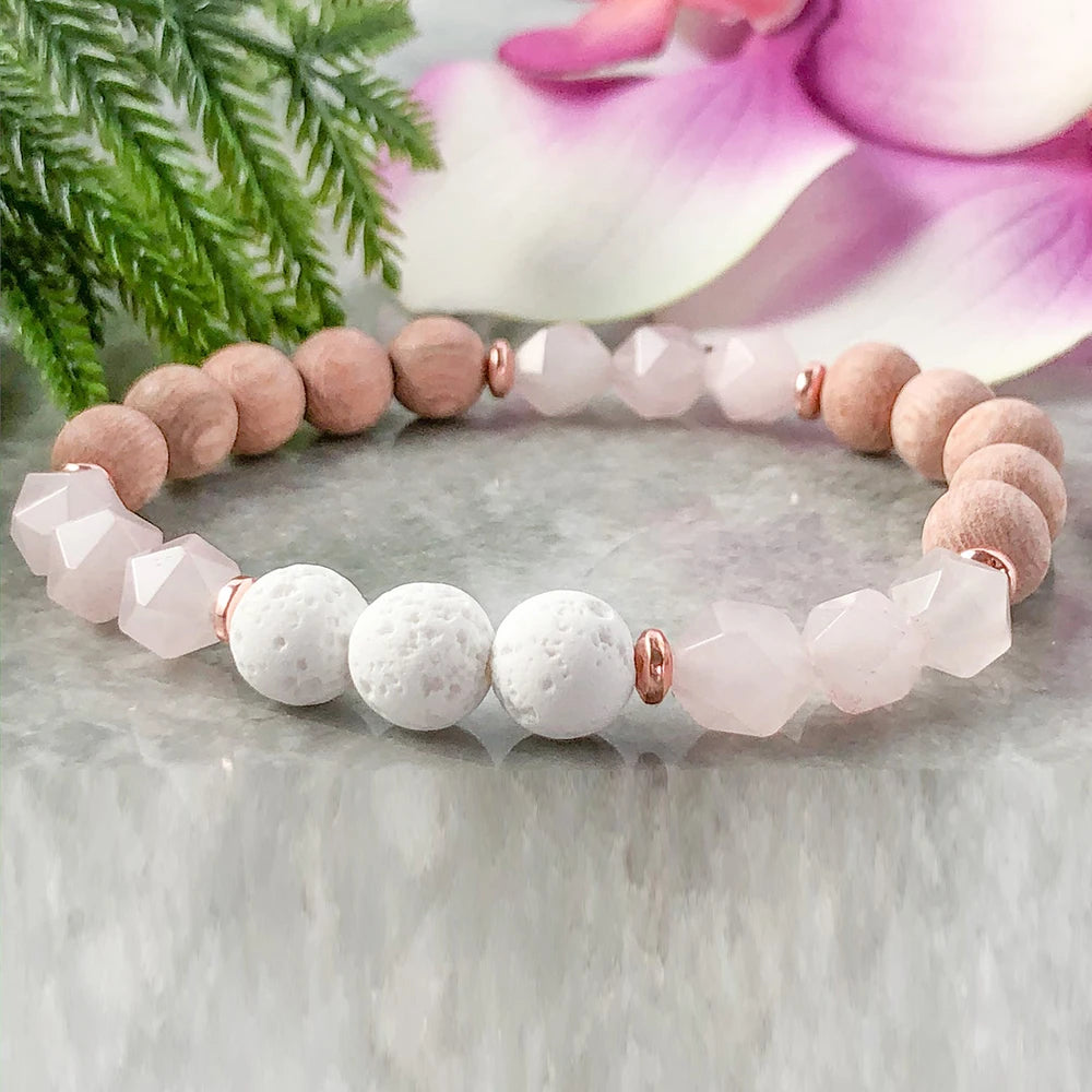 Ruberthen Cutted Rose Quartz Lava Stone Bracelet Natural Rosewood Beaded Bracelet Essential Oil Diffuser Energy Bracelet