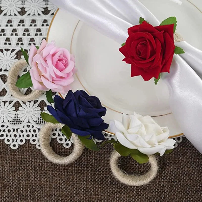 6pcs Red Rose Shape Handicraft Towel Buckle Napkin Ring Wedding Party Valentine's Day Hotel Table Decor Metal Gold Napkin Holder