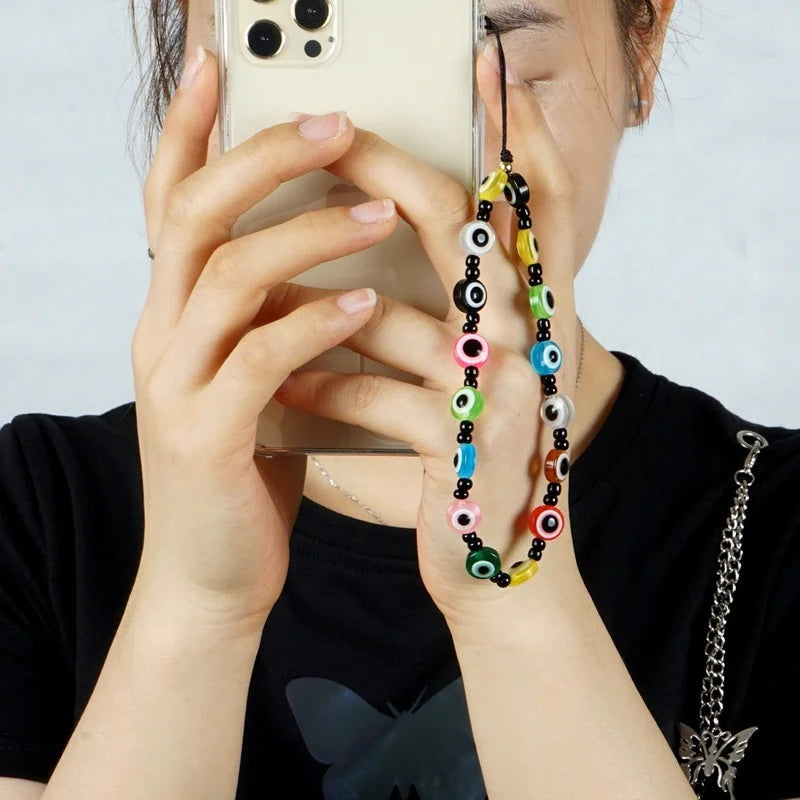 Acrylic Colorful Eyes Beads Phone Chain Strap Handmade Bracelet Telephone Portable Lanyard for Keys Lady Gift Bohemian Jewelry