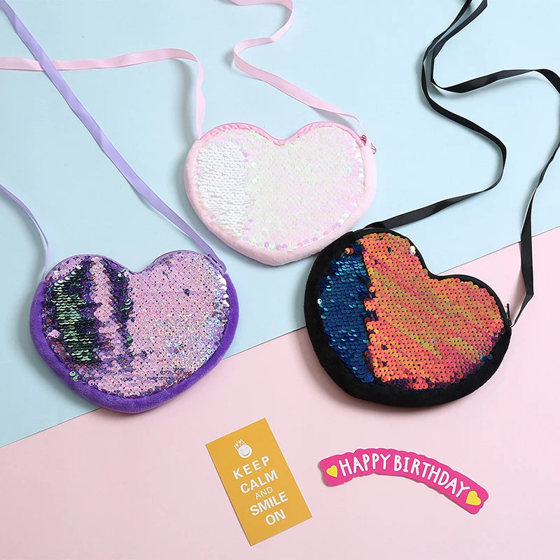 Princess Sequins Heart Shape Baby Bag Cute Solid Color Kid Coin Purse for Toddler Girl Shiny Children Shoulder HandBags Freeship
