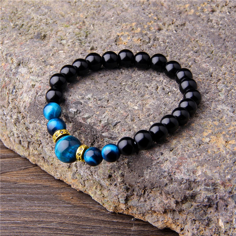 Natural Stone Bracelets Men Royal Blue Tiger Eye Stone Elastic Bracelet Bangle Fashion CZ Charm Black Onyx Beads Pulsera Jewelry