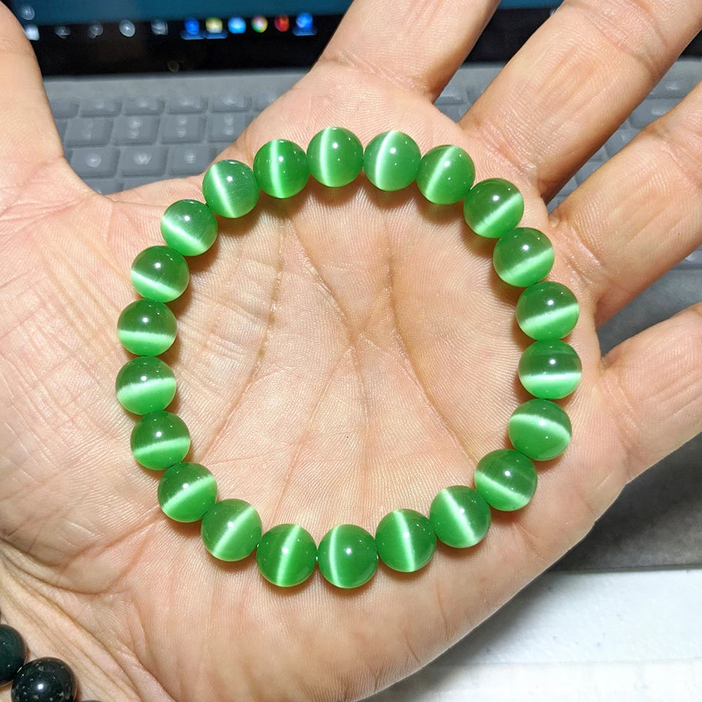Ruberthen New Design Mens Bracelet Light Green Apple Cat Eye Bead Bracelet for Men High Quality Natural Stone Handmade Bracelet