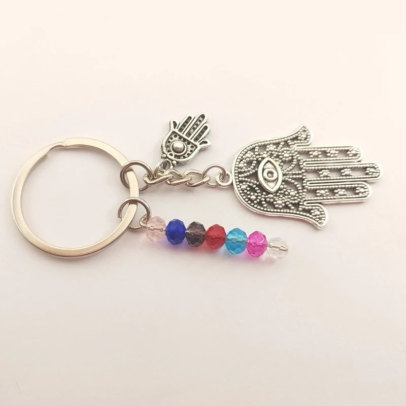 Hot Selling Key Chain Wholesale Retail Fashion Evil Eye Sliver Plated Colorful beads keyring Hamsa Fatima Hand Alloy Keychain