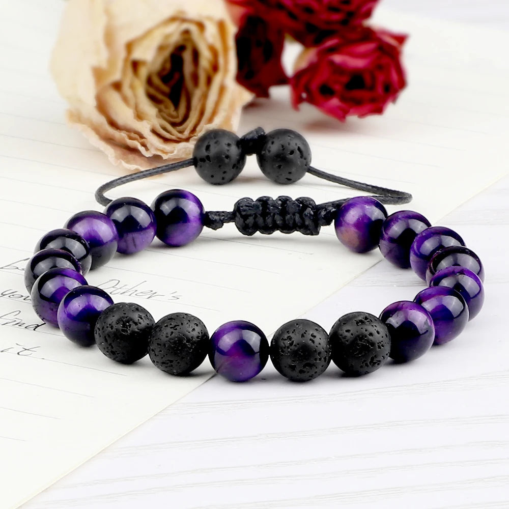 High Quality Purple Tiger Eye Lava Beads Bracelet Women Natural Stone Healing Buddha Adjustable Bangles Jewelry Gift for Friend