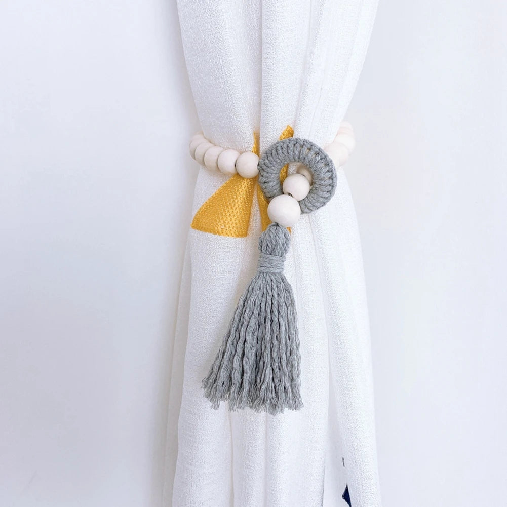 Bead Garlands Curtain Tiebacks Boho Tassel Wood Bead Curtain Rope Holdback Farmhouse Curtain Holders For Drape Decoration