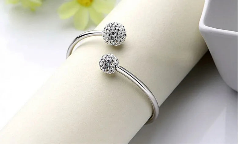 925 Sterling Silver Crystal Ball Bangles Open Cuff Bracelets & Bangles Jewelry pulseras For Women S-B19