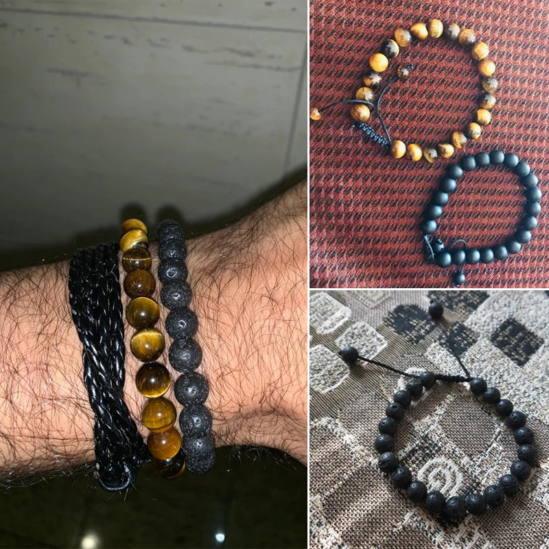 Hemasa Tiger Eye Stone Beads Bracelet Braided Rope Adjustable Black Lava Charm Healing Balance Beaded Bracelets for Men Women Jewelry