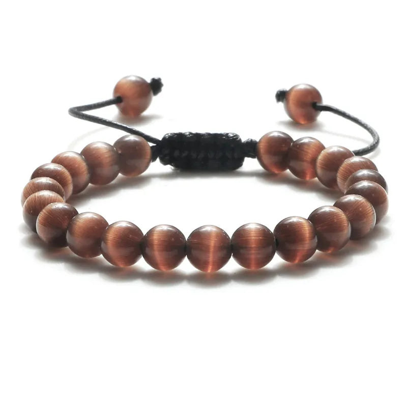 8mm Natural Cat Eye Stone Bracelet Smooth Pink White Beads Handmade Adjustable Bracelets&Bangle Charm Jewelry For Women Men Gift