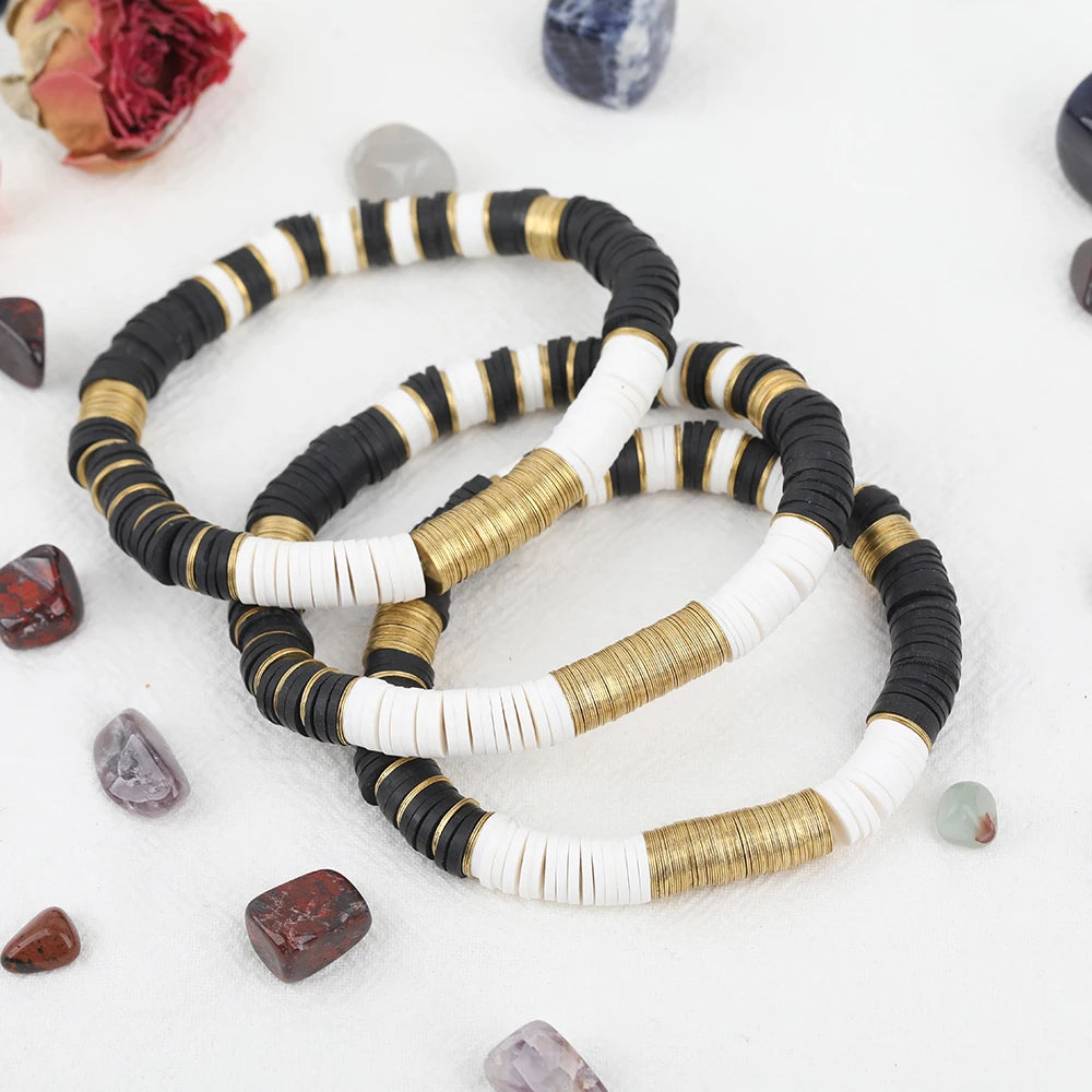 5Pcs Black White Color Polymer Clay Disc Heishi Beads 8mm Gold Copper Sheets Elastic String Bracelet Fashion Women Boho Jewelry