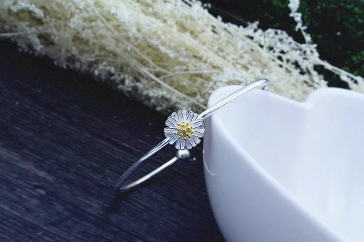 Personality New Art 925 Sterling Silver Jewelry Female Simple Bar sunflower High-quality Popular Open Bracelet