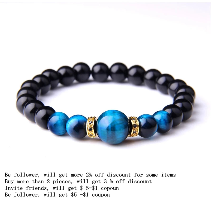 Natural Stone Bracelets Men Royal Blue Tiger Eye Stone Elastic Bracelet Bangle Fashion CZ Charm Black Onyx Beads Pulsera Jewelry