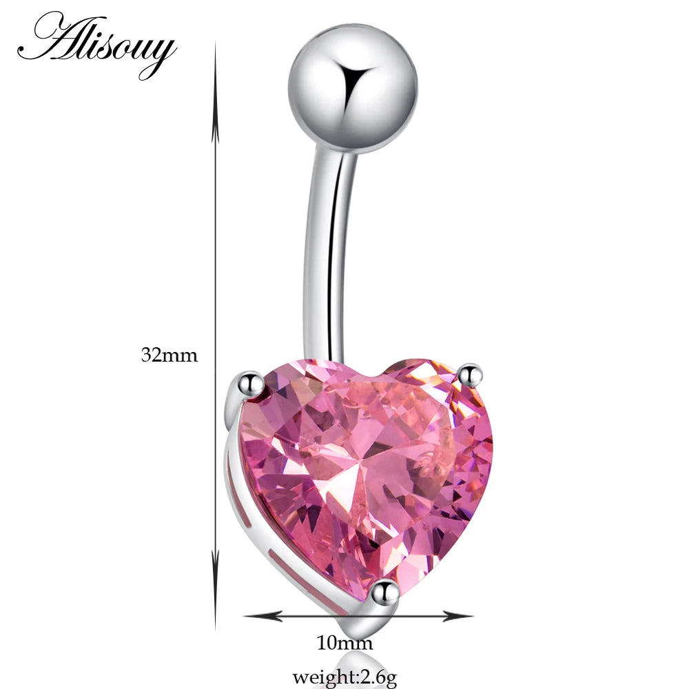 Alisouy 1pc Love Heart CZ Crystal Sexy Navel Belly Button Rings Silver Plated Stainless Steel For Women Piercing Body Jewelry