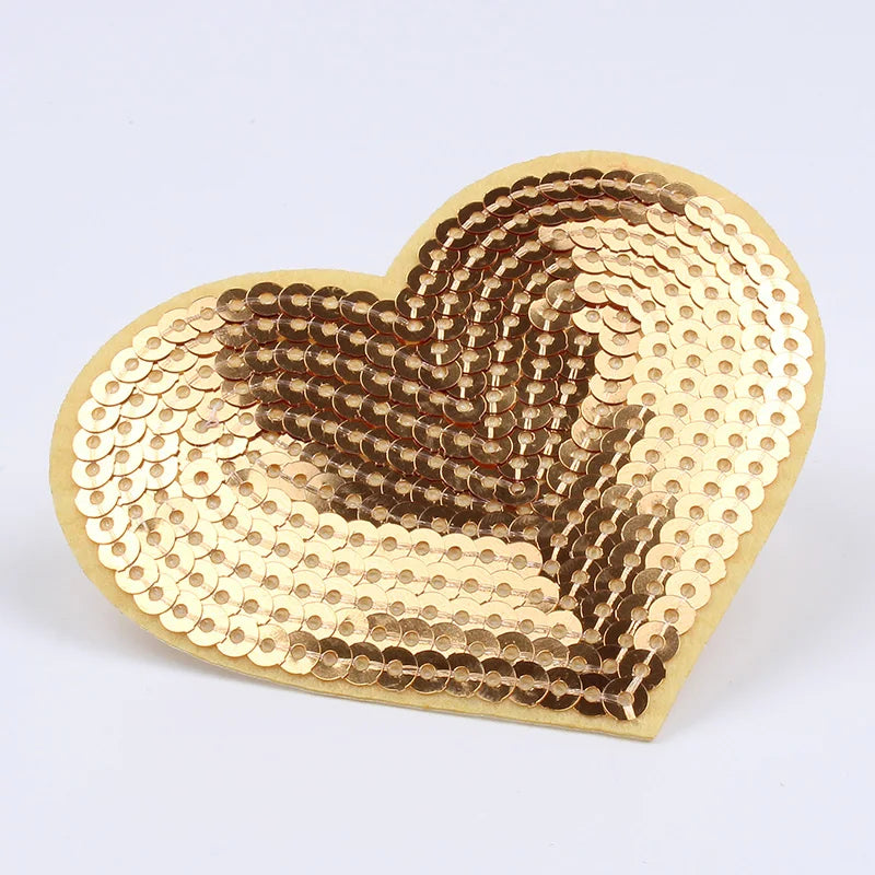 10pcs/lot Sequined Gold Heart Patch Iron On Sew On Hats Shoes Pants Jeans Coats Stickers DIY Fabric Appliques Embroidery Patches