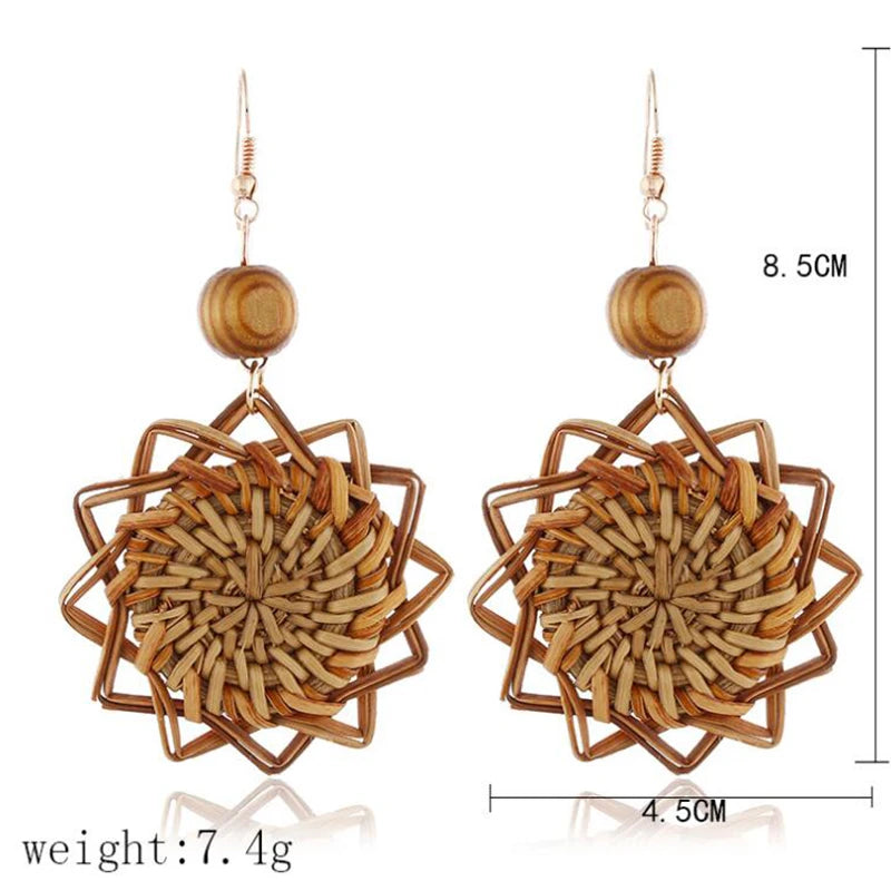 Hemasa Wooden Straw Weave Rattan Knit Vine Flowers Earrings For Women /Hollow Flora African wooden sr rings