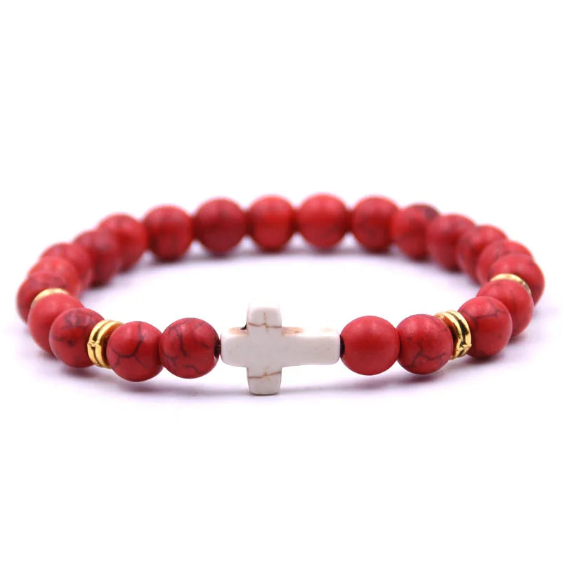 8mm beads Natural Stone bracelets for women Elasticity Yoga Cross Charms Bracelet Men jewelry pulseiras