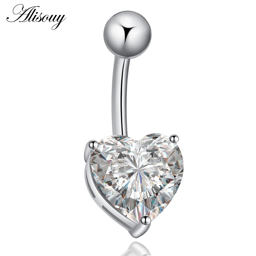 Alisouy 1pc Love Heart CZ Crystal Sexy Navel Belly Button Rings Silver Plated Stainless Steel For Women Piercing Body Jewelry
