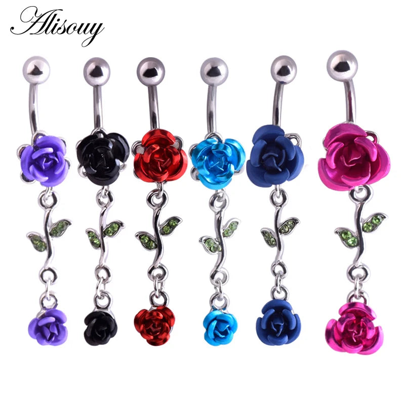 Alisouy 1pc Fashion Surgical Steel Silver Color Rose Flower Navel belly button rings Bar Piercing Sexy Body Jewelry for women