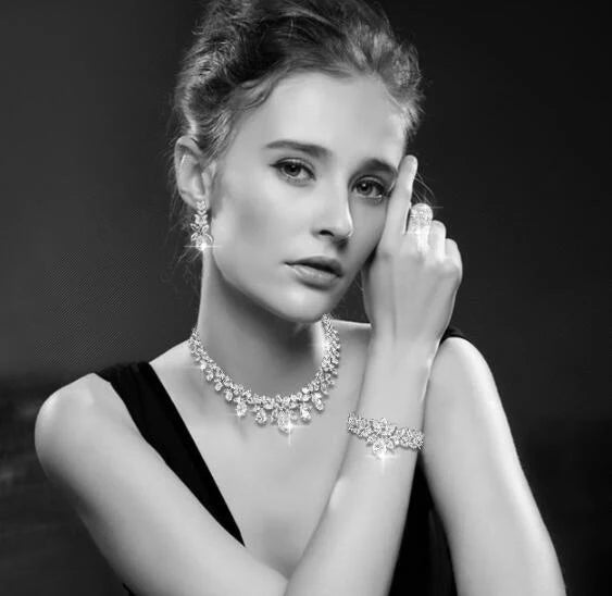 JaneKelly Luxury Sparking Brilliant Cubic Zircon Drop Earring Necklace Heavy Dinner Jewelry Sst Wedding Bridal Dress Accessories