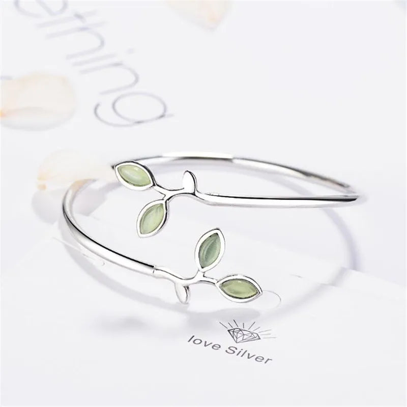 New Beautiful Sprout Exquisite Korean Style Fashion 925 Sterling Silver Jewelry Bracelets Literary Leaves Crystal Bangles SL028