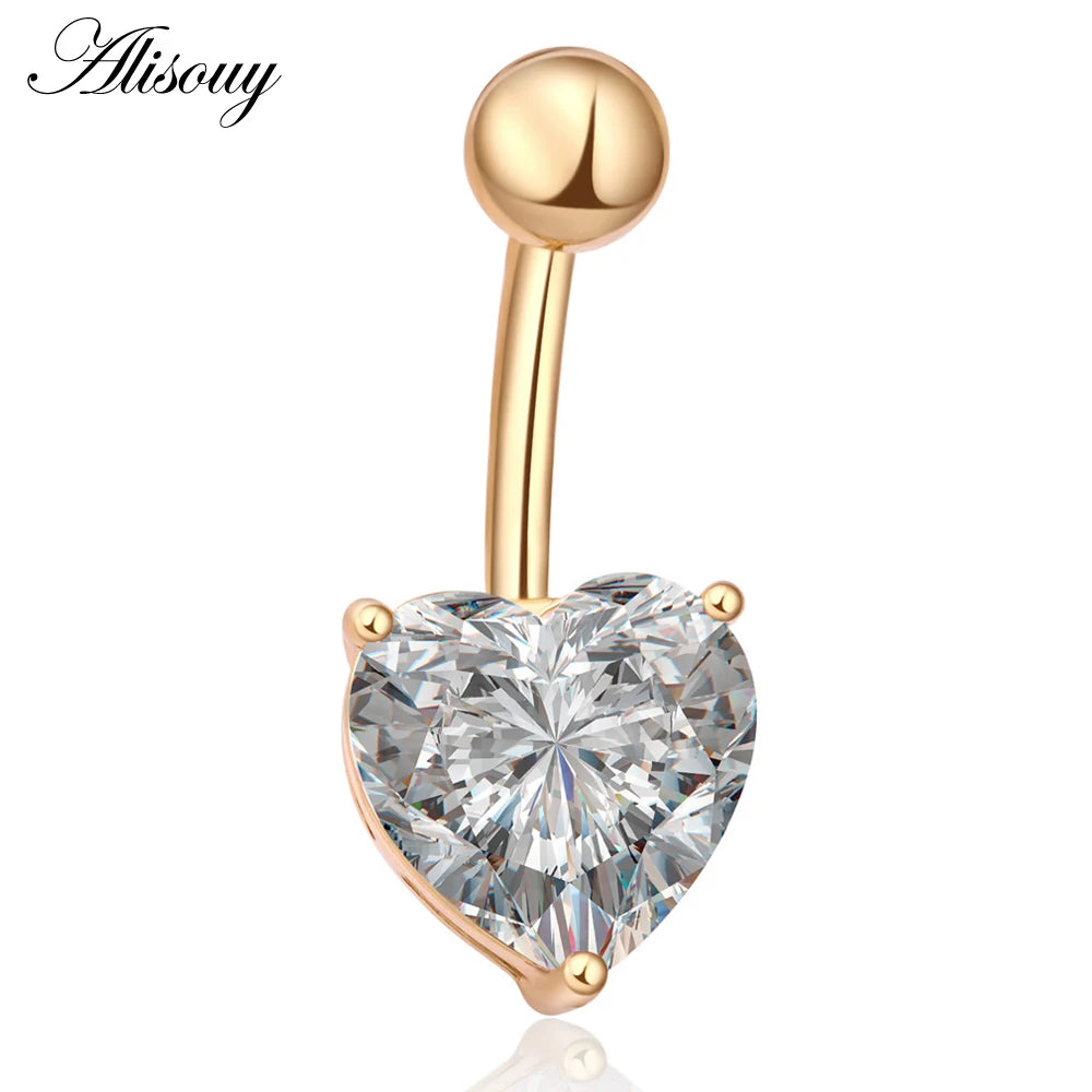 Alisouy 1pc Love Heart CZ Crystal Sexy Navel Belly Button Rings Silver Plated Stainless Steel For Women Piercing Body Jewelry