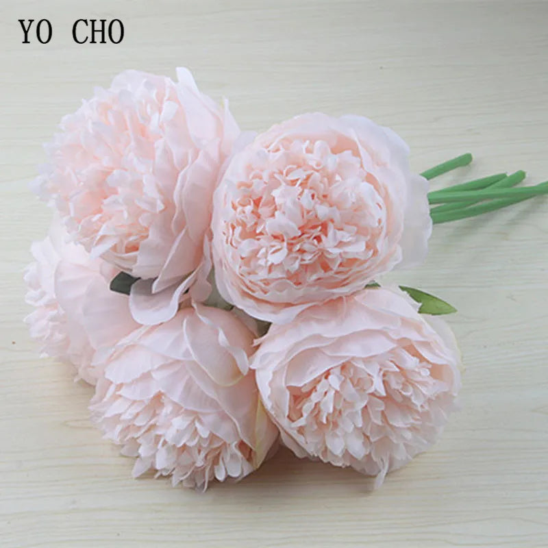 Hemass  5pc Big Peony Artifcial Silk Flower Wedding Bouquet Decor White Peony Home Display Fake Flower Pack Heart Peony Pink Rose