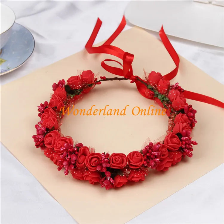 2pcs 6colors artificial pe rose wedding flower bride bridesmaid head hand ring children wreath wedding romantic flower garland