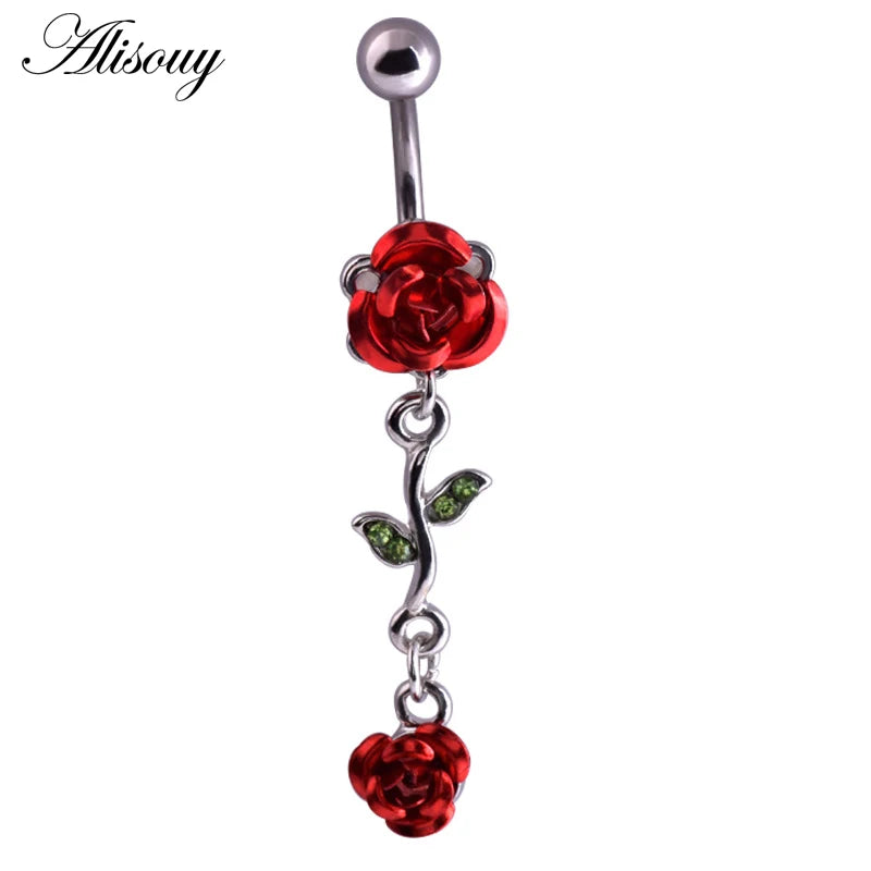 Alisouy 1pc Fashion Surgical Steel Silver Color Rose Flower Navel belly button rings Bar Piercing Sexy Body Jewelry for women