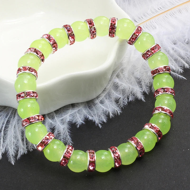 Natural Green Onyx Stone Beaded Bracelet Charm Women Rhinestone Luxury Stretch Strand Bracelets Men Prayer Sports Jewelry