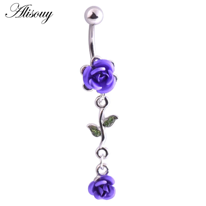 Alisouy 1pc Fashion Surgical Steel Silver Color Rose Flower Navel belly button rings Bar Piercing Sexy Body Jewelry for women