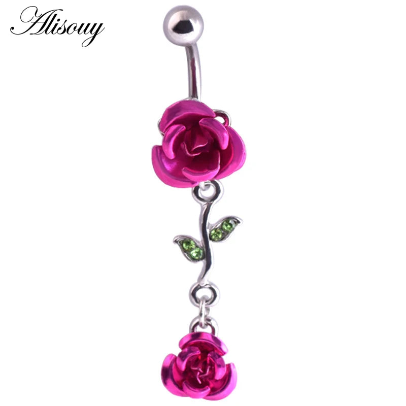 Alisouy 1pc Fashion Surgical Steel Silver Color Rose Flower Navel belly button rings Bar Piercing Sexy Body Jewelry for women