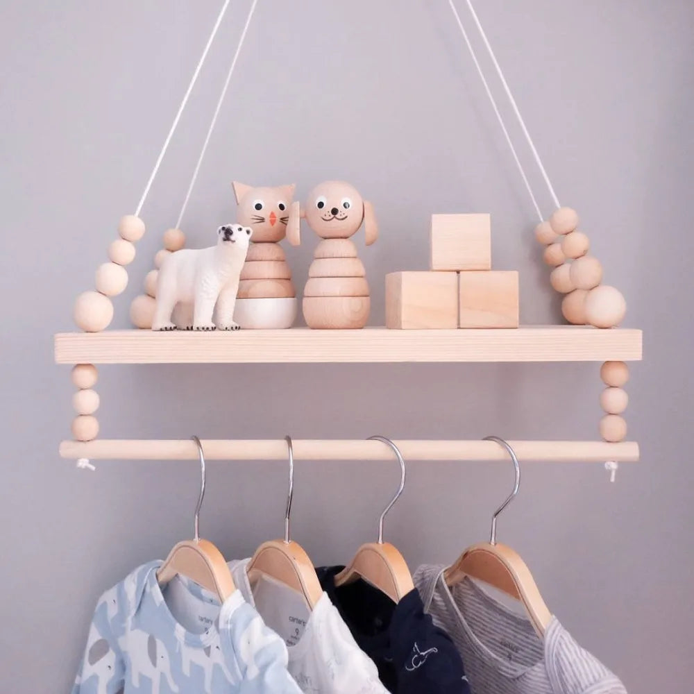 2024 Nordic Nursery Decor Scandinavian Decor Wooden Wall Shelf with Beads Kids Room Decoration Organizer Storage Holders