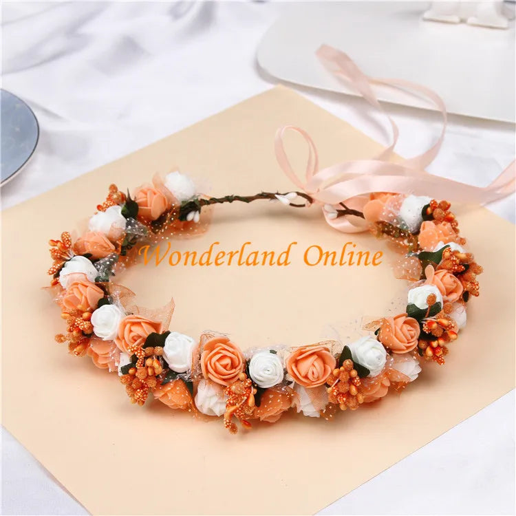2pcs 6colors artificial pe rose wedding flower bride bridesmaid head hand ring children wreath wedding romantic flower garland