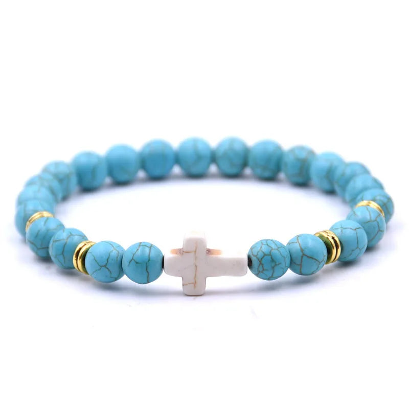 8mm beads Natural Stone bracelets for women Elasticity Yoga Cross Charms Bracelet Men jewelry pulseiras