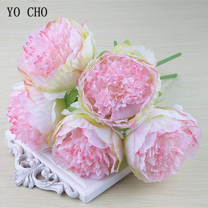 Hemass  5pc Big Peony Artifcial Silk Flower Wedding Bouquet Decor White Peony Home Display Fake Flower Pack Heart Peony Pink Rose
