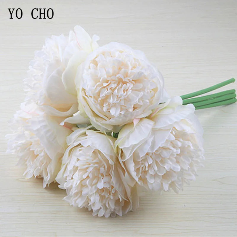Hemass  5pc Big Peony Artifcial Silk Flower Wedding Bouquet Decor White Peony Home Display Fake Flower Pack Heart Peony Pink Rose