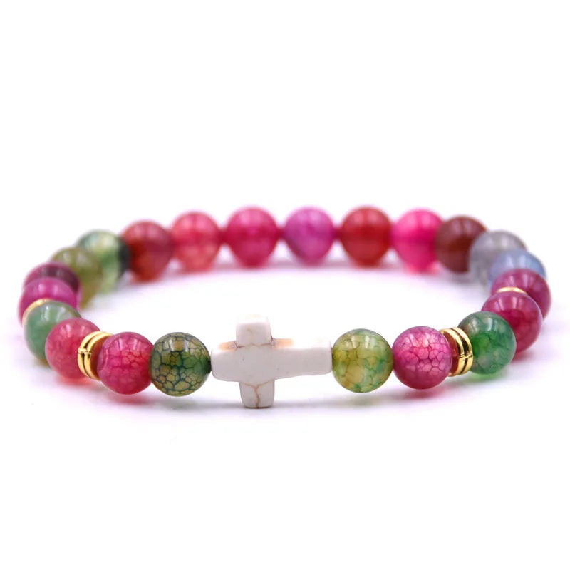 8mm beads Natural Stone bracelets for women Elasticity Yoga Cross Charms Bracelet Men jewelry pulseiras