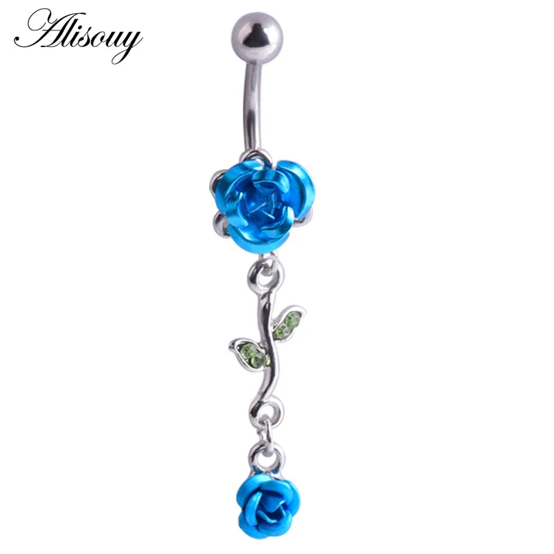 Alisouy 1pc Fashion Surgical Steel Silver Color Rose Flower Navel belly button rings Bar Piercing Sexy Body Jewelry for women