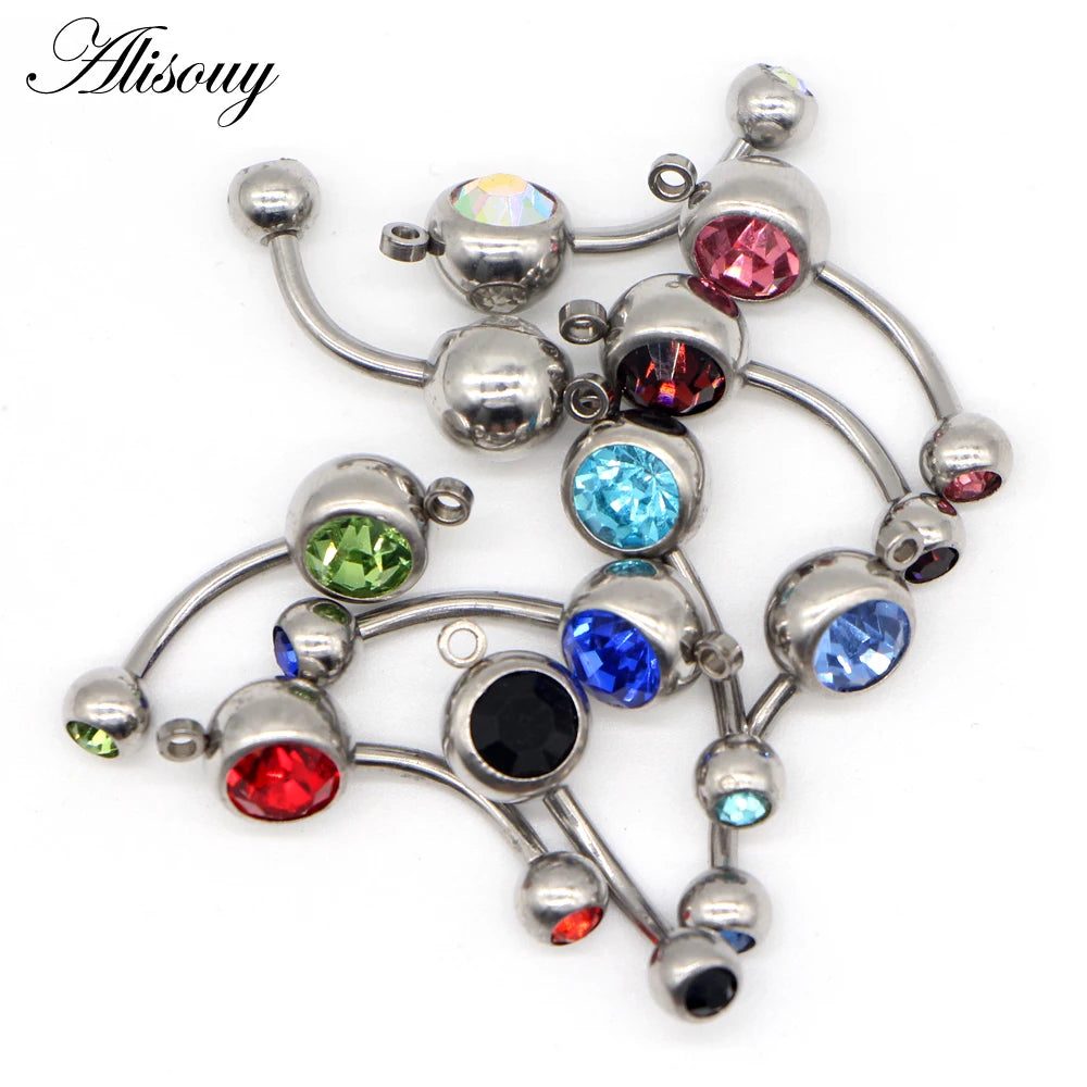 Alisouy 10 Color Crystal Belly Button Rings Belly Bar Rhinestone Piercing Navel Ring For Women Body Jewelry with DIY hole style