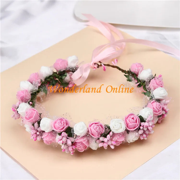2pcs 6colors artificial pe rose wedding flower bride bridesmaid head hand ring children wreath wedding romantic flower garland
