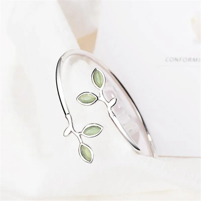 New Beautiful Sprout Exquisite Korean Style Fashion 925 Sterling Silver Jewelry Bracelets Literary Leaves Crystal Bangles SL028