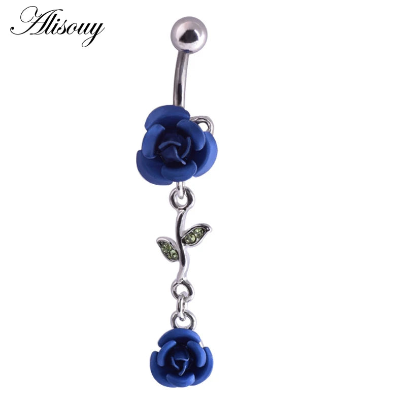 Alisouy 1pc Fashion Surgical Steel Silver Color Rose Flower Navel belly button rings Bar Piercing Sexy Body Jewelry for women