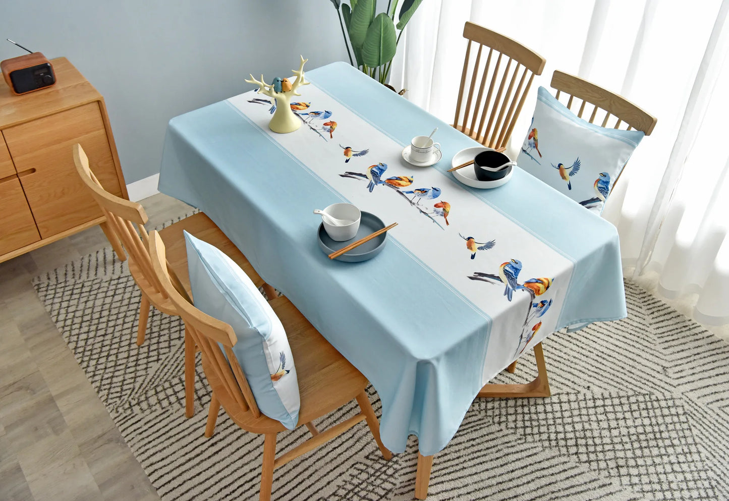 Bird Pattern Stripe Tablecloth Rectangular Kitchen Table Cloth Waterproof Oil-proof Table Cover Wedding Home Decor Outdoors Mat