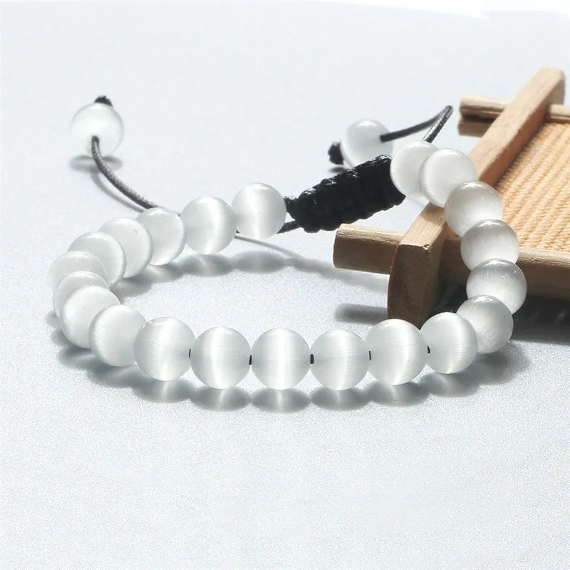 8mm Natural Cat Eye Stone Bracelet Smooth Pink White Beads Handmade Adjustable Bracelets&Bangle Charm Jewelry For Women Men Gift