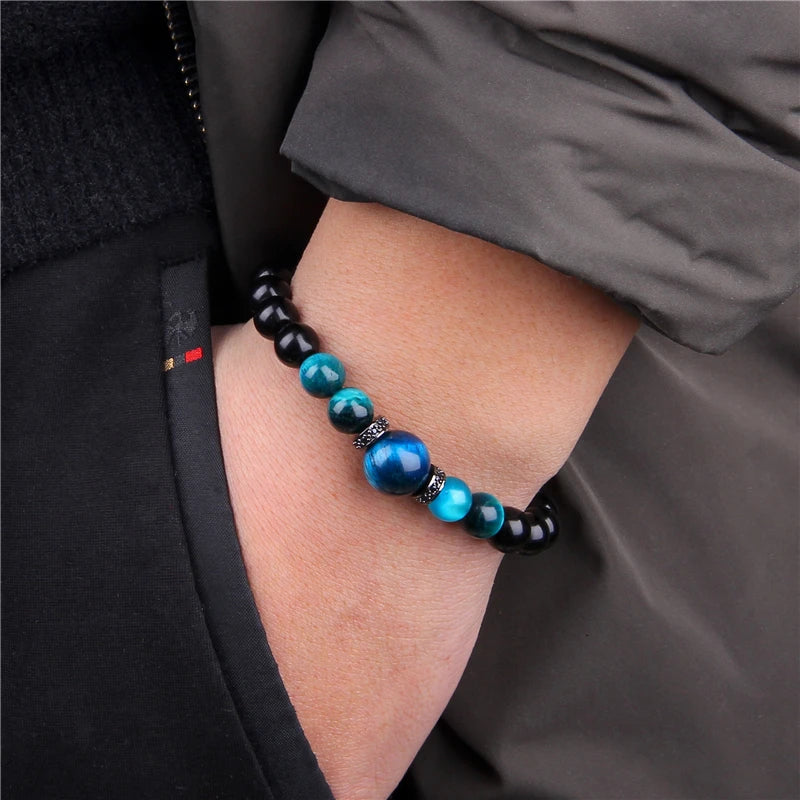 Natural Stone Bracelets Men Royal Blue Tiger Eye Stone Elastic Bracelet Bangle Fashion CZ Charm Black Onyx Beads Pulsera Jewelry