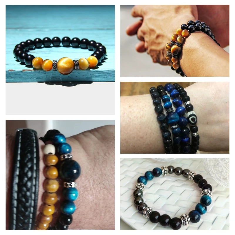 Natural Stone Bracelets Men Royal Blue Tiger Eye Stone Elastic Bracelet Bangle Fashion CZ Charm Black Onyx Beads Pulsera Jewelry