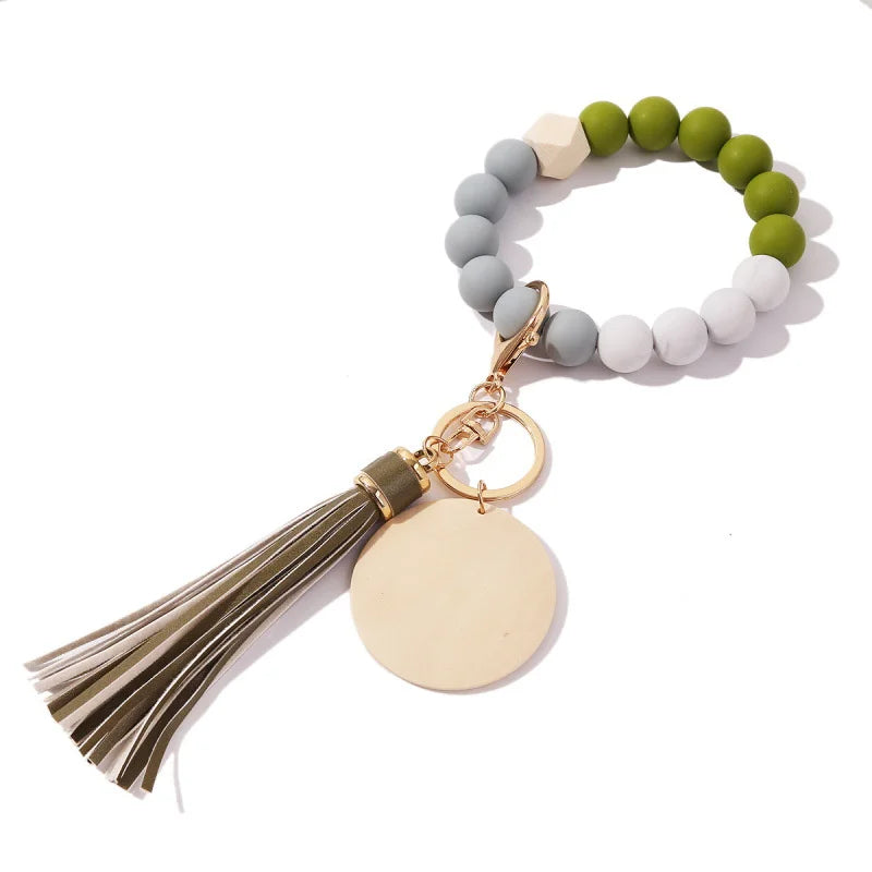 Silicone Keychain With Wood chips Tassel Wood Beads Keyring For Women Multicolor Keychain Charms Fashion Jewelry Accessories New